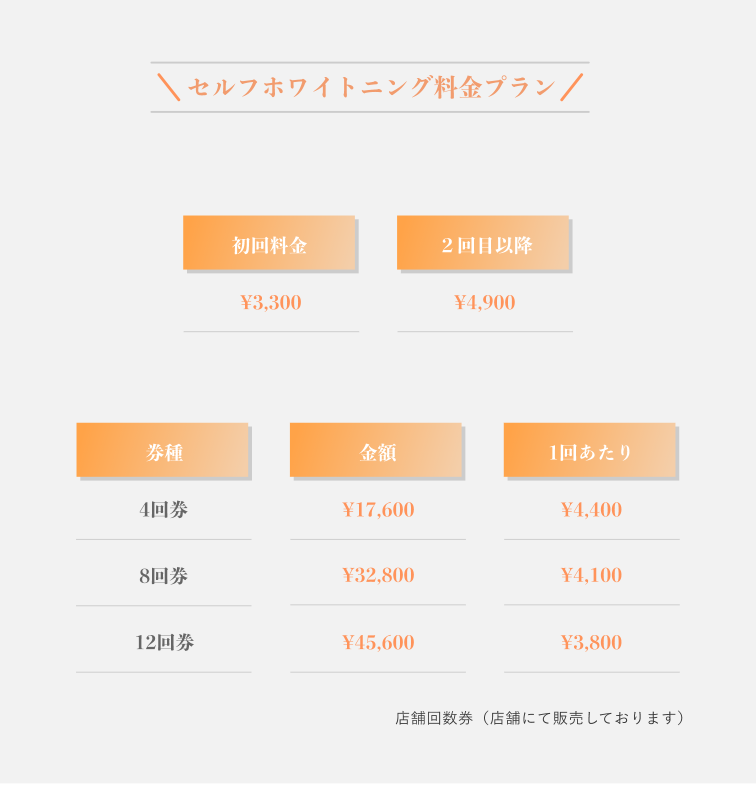 セルフホワイトニング料金プラン 初回料金 ¥3,300 ２回目以降 ¥4,900 店舗回数券（店舗にて販売しております）